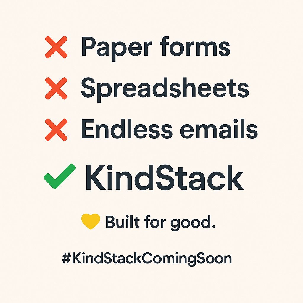 kindstacksoft's tweet image. We’ve run charities. Managed volunteers. Fought with spreadsheets.  

KindStack is built by people who know the real-world challenges of charities — and believe they deserve better tools.  

💛 Built for good.  

#CharityTools #VolunteerManagement #KindStackComingSoon