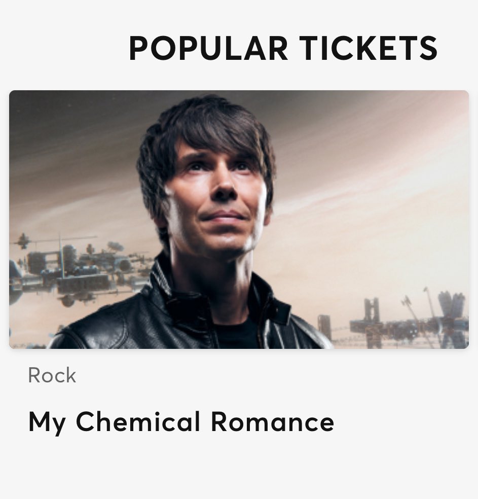 According to the Ticketmaster app this morning it looks like <a href="/ProfBrianCox/">Brian Cox</a> has joined My Chemical Romance. Major popular emo 🖤 vibes…