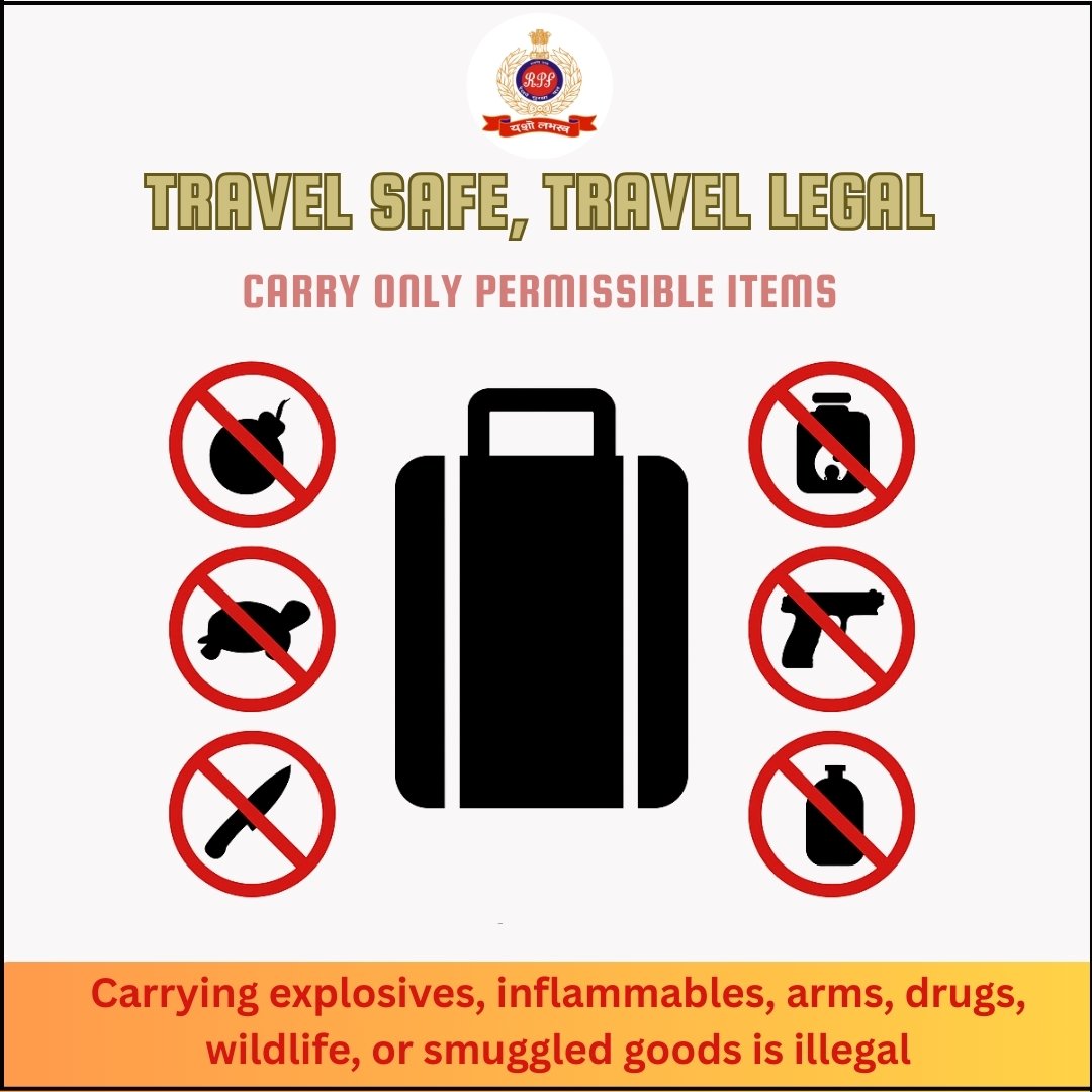 RPF INDIA (@rpf_india) on Twitter photo Help us keep your journey safe & hassle-free.
✅ Carry only permissible items.
❌ Avoid prohibited goods – they may lead to penalties or legal action.
📢 Let’s make rail travel safe for all.
#TravelSafe #StayLegal
#PassengerSafety #railwaysafety <a href="/RailMinIndia/">Ministry of Railways</a> Help us keep your journey safe & hassle-free.
✅ Carry only permissible items.
❌ Avoid prohibited goods – they may lead to penalties or legal action.
📢 Let’s make rail travel safe for all.
#TravelSafe #StayLegal
#PassengerSafety #railwaysafety <a href="/RailMinIndia/">Ministry of Railways</a>