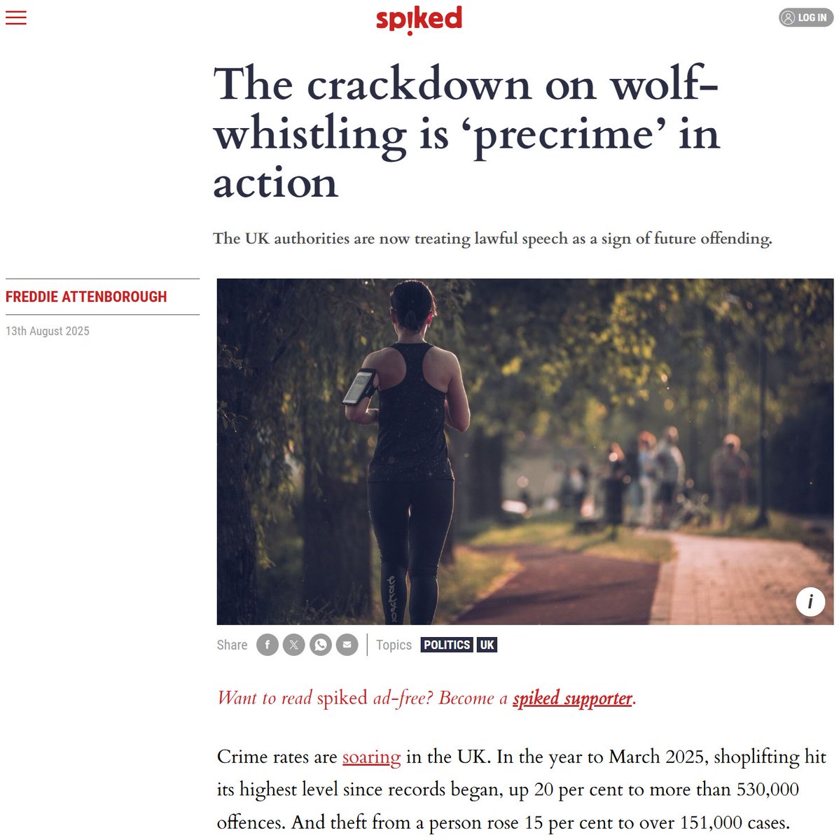 Britain is in the grip of a surge in serious crime. In the year to March 2025, shoplifting rose 20%, theft from the person climbed 15%, and robberies topped 78,000 — with robberies of business premises up 50%.

And Surrey Police’s answer? “Jog On”: a county-wide sting in which