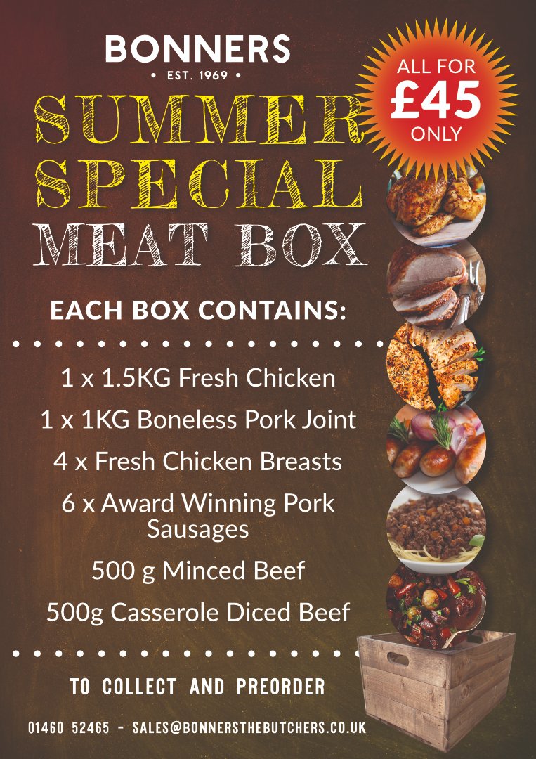 BONNERS - SUMMER SPECIAL - MEAT BOX

Each box contains:

1 x 1.5KG Fresh Chicken
1 x 1KG Boneless Pork Joint
4 x Fresh Chicken Breasts
6 x Award Winning Pork Sausages
500 g Minced Beef
500g Casserole Diced Beef

Subject to availability.

#bonnersofilminster #bonnersthebutchers