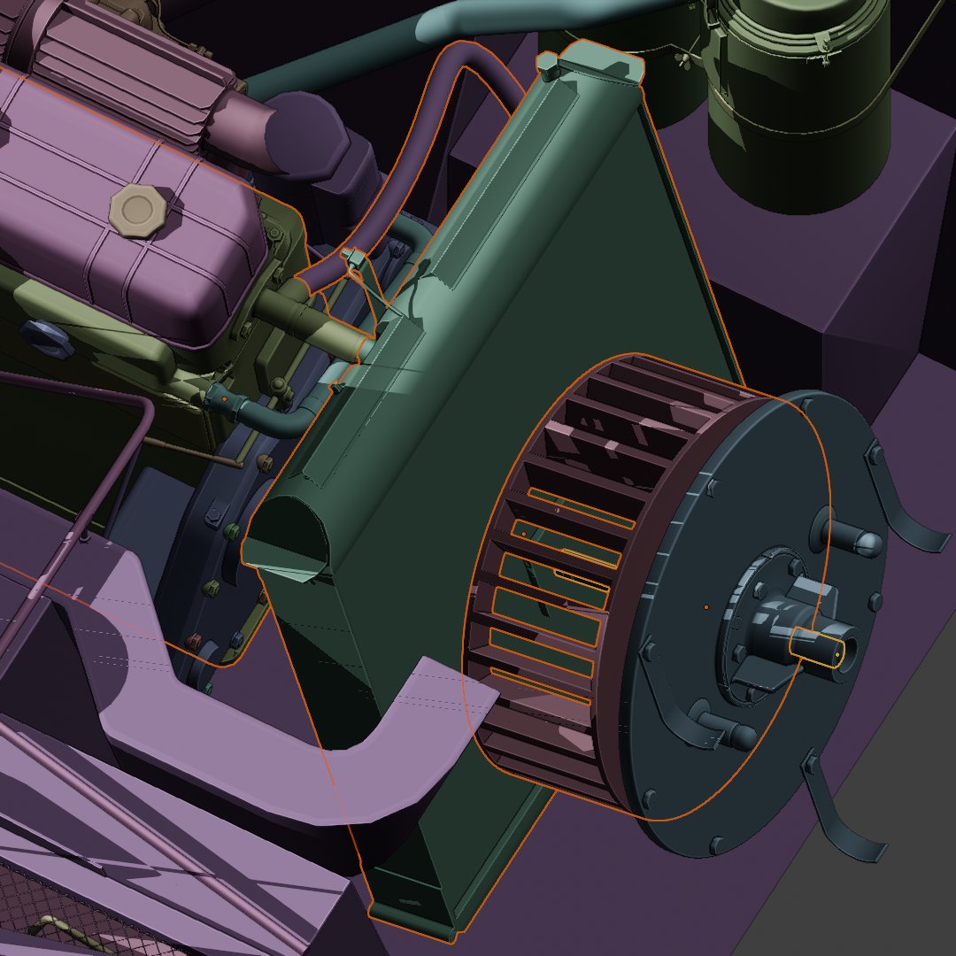 TaichiEdgeRef's tweet image. WIP 
エンジン-ラジエター間に冷却水ホース接続
どうやらラジエター左側がオイルクーラーの放熱部らしいのでオイル用チューブの接続口をラジエターに配置
最後部に冷却用シロッコファンを配置、回転軸はエンジンと始動用クランクレバー接続口を直線状に配置
 #3dcg #blender3d #b3d #Hetzer