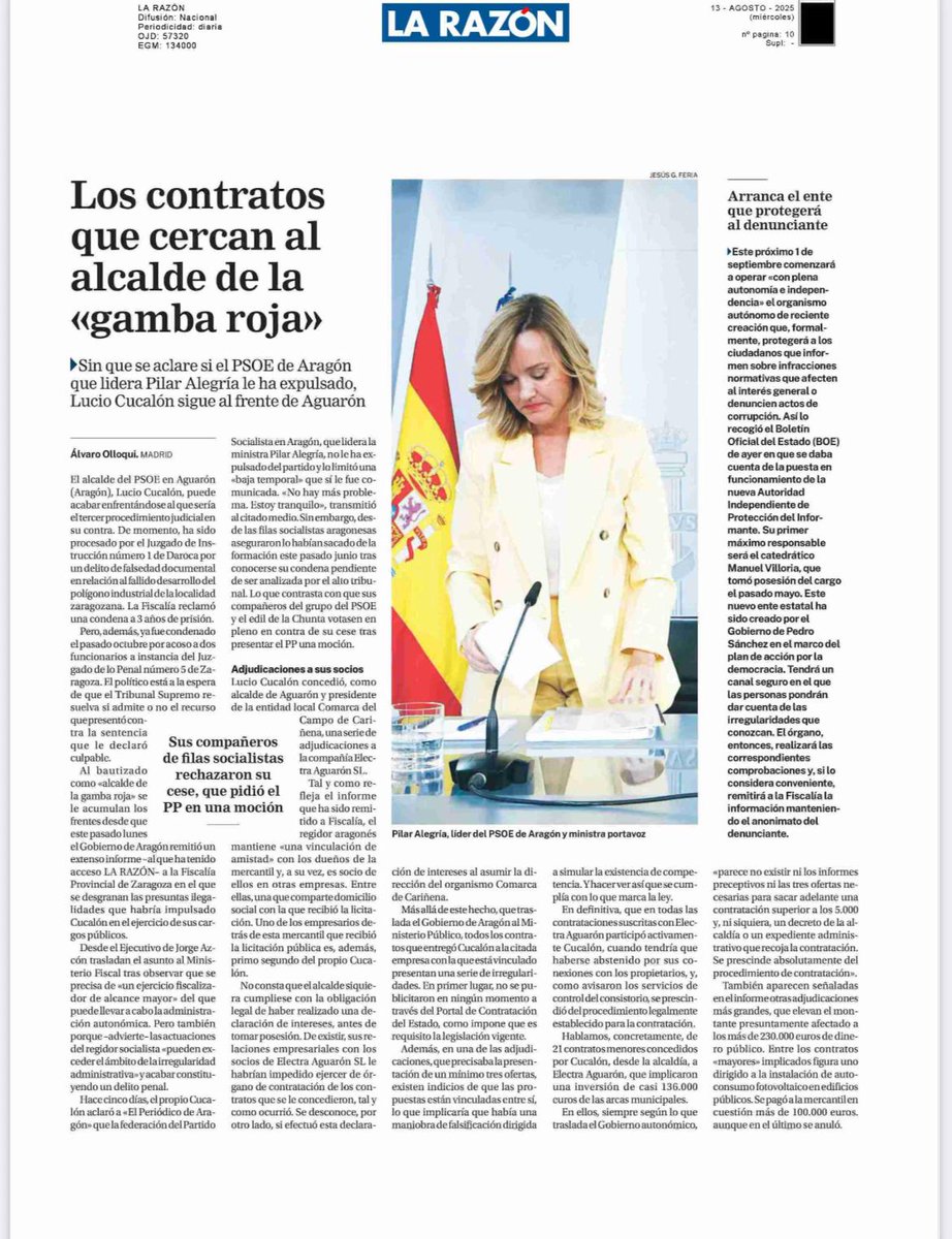 PP de Aragón (@pparagon) on Twitter photo Pilar Alegría sigue callada ante el escándalo monumental en el Ayuntamiento de Aguarón y en la Comarca Campo de Cariñena
Calla, ampara y se hace cómplice de la corrupción de Cucalón
➡️larazon.es/espana/contrat… Pilar Alegría sigue callada ante el escándalo monumental en el Ayuntamiento de Aguarón y en la Comarca Campo de Cariñena
Calla, ampara y se hace cómplice de la corrupción de Cucalón
➡️larazon.es/espana/contrat…