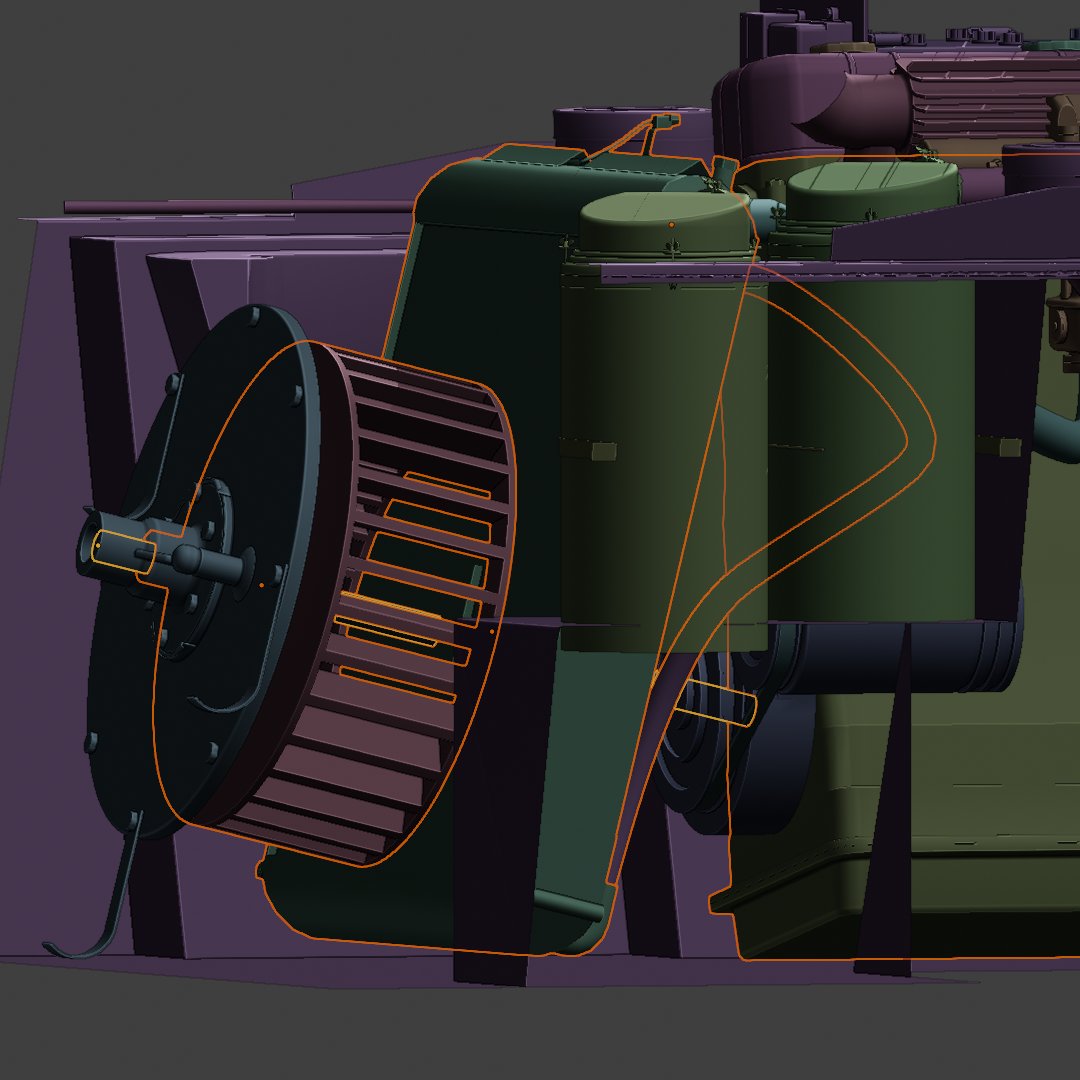 TaichiEdgeRef's tweet image. WIP 
エンジン-ラジエター間に冷却水ホース接続
どうやらラジエター左側がオイルクーラーの放熱部らしいのでオイル用チューブの接続口をラジエターに配置
最後部に冷却用シロッコファンを配置、回転軸はエンジンと始動用クランクレバー接続口を直線状に配置
 #3dcg #blender3d #b3d #Hetzer