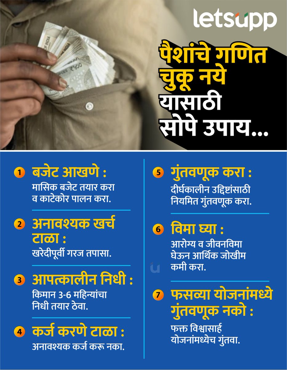 LetsUppMarathi's tweet photo. पैशांचे गणित चुकू नये म्हणून काय करायला हवे? वाचा...
-
#sharemarket #investment #sharemarkettips #monthlybudget #investmoney #insurance #Loan #FraudAlert #FraudScheme #Scheme #LetsUppMarathi https://t.co/IM9Jl71At2