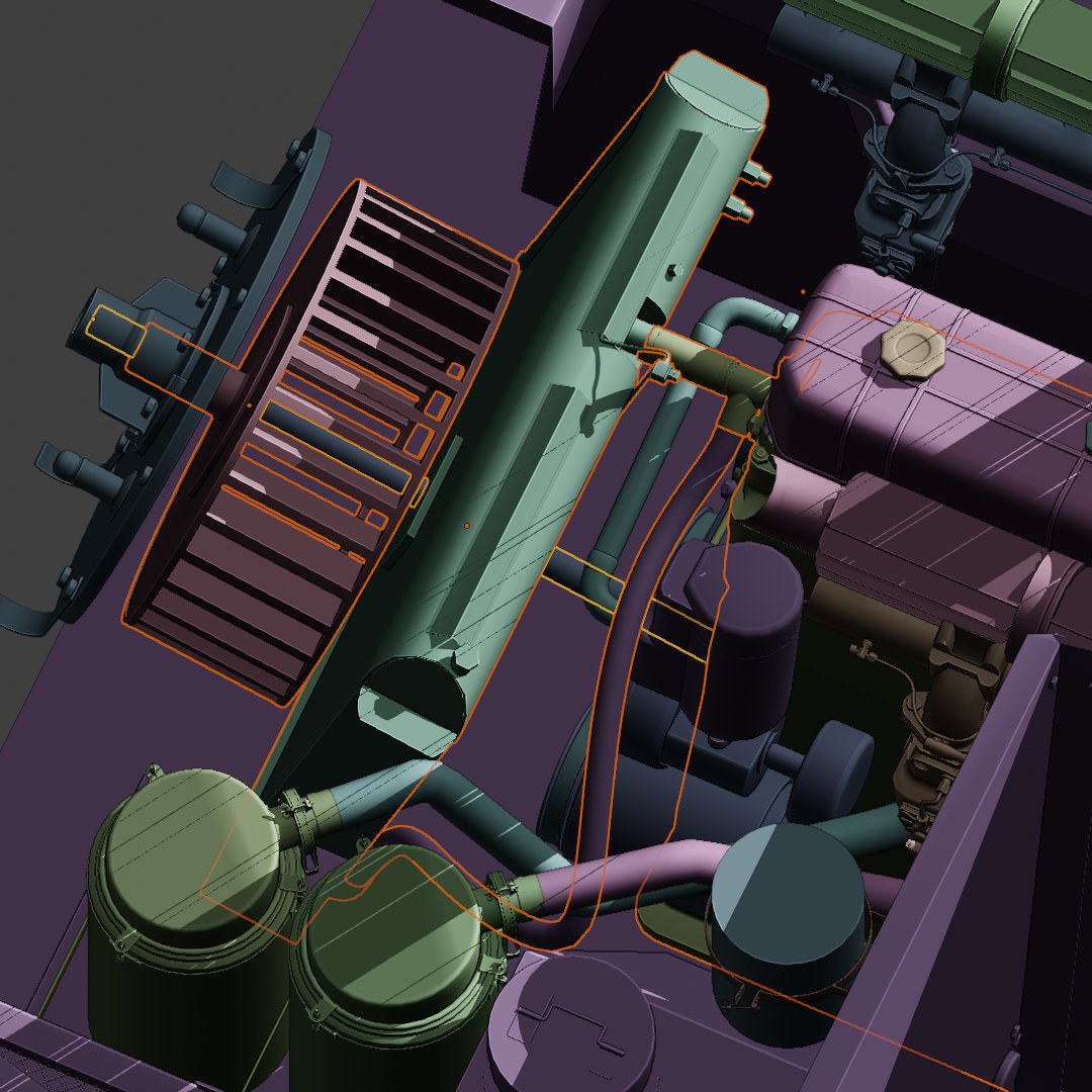TaichiEdgeRef's tweet image. WIP 
エンジン-ラジエター間に冷却水ホース接続
どうやらラジエター左側がオイルクーラーの放熱部らしいのでオイル用チューブの接続口をラジエターに配置
最後部に冷却用シロッコファンを配置、回転軸はエンジンと始動用クランクレバー接続口を直線状に配置
 #3dcg #blender3d #b3d #Hetzer