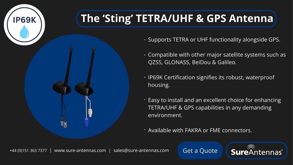 The new ‘Sting’ Antenna supports TETRA/UHF &amp; GPS, perfect for blue light &amp; commercial vehicles. Available with FAKRA/FME connectors &amp; a flexible whip for durability. Samples available – get in touch!

#Sting #Antenna #DualBand #TETRA #UHF #GPS #Installation #CommercialVehicle