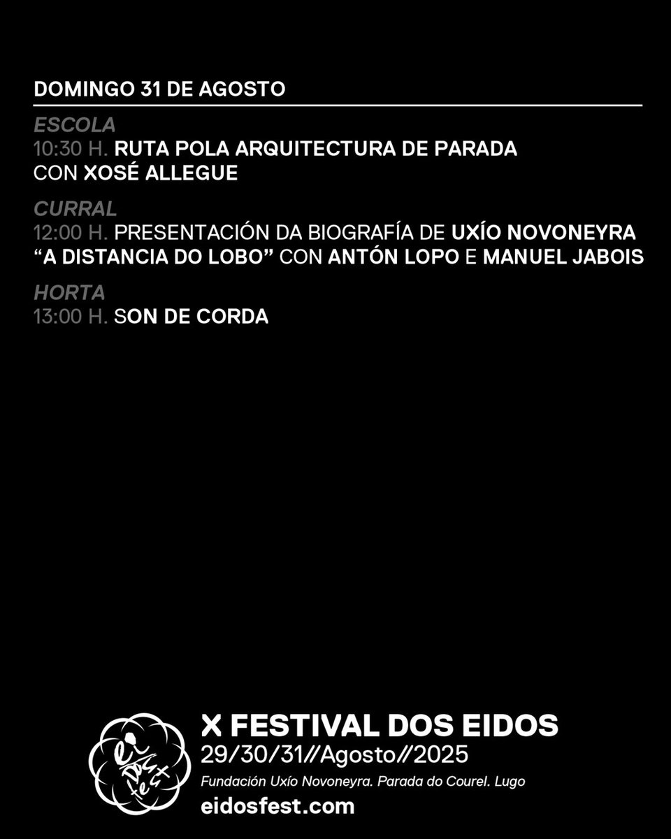 #VolvenOsEidos O 29, 30 e 31 de agosto 2025 chega a X edición do EIDOS FEST que celebra o "Libro do Courel" con poesía, música e rutas para gozar do territorio literario arredor da casa de Uxío Novoneyra, Parada do Courel, Lugo.
Venda de entradas na web eidosfest.com