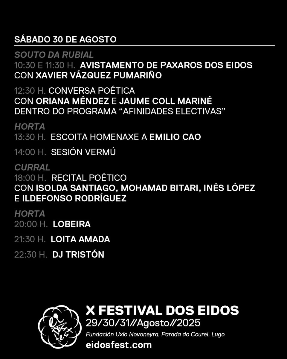 Novoneyra's tweet photo. #VolvenOsEidos O 29, 30 e 31 de agosto 2025 chega a X edición do EIDOS FEST que celebra o "Libro do Courel" con poesía, música e rutas para gozar do territorio literario arredor da casa de Uxío Novoneyra, Parada do Courel, Lugo.
Venda de entradas na web https://t.co/7oQ6hB5HyH https://t.co/bp5mQRzPH8