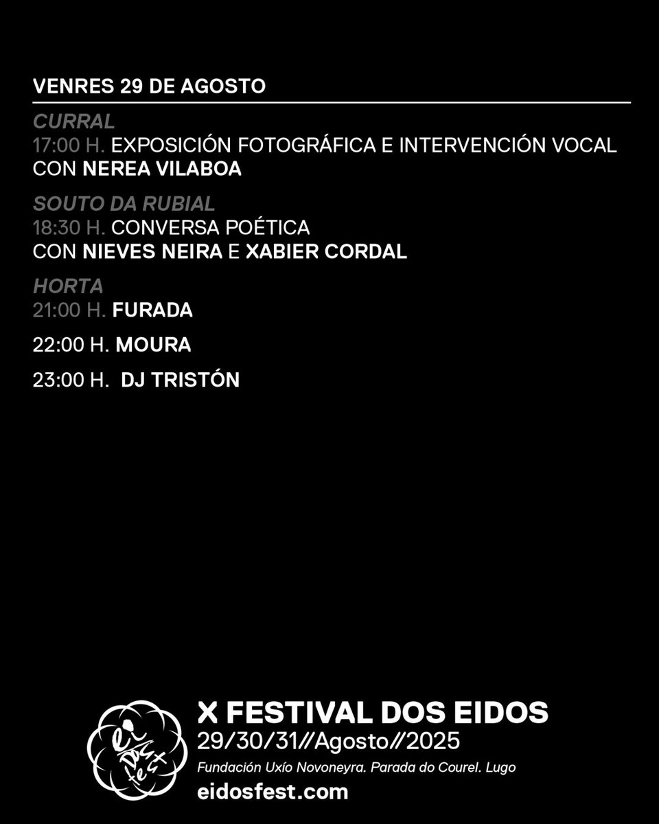 Novoneyra's tweet photo. #VolvenOsEidos O 29, 30 e 31 de agosto 2025 chega a X edición do EIDOS FEST que celebra o "Libro do Courel" con poesía, música e rutas para gozar do territorio literario arredor da casa de Uxío Novoneyra, Parada do Courel, Lugo.
Venda de entradas na web https://t.co/7oQ6hB5HyH https://t.co/bp5mQRzPH8