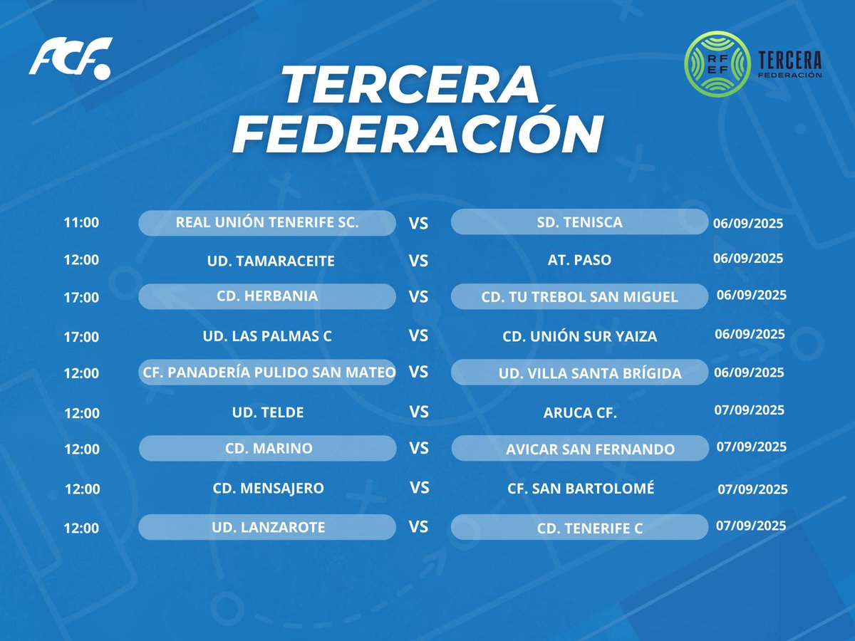 📣 | La Federación Canaria de Fútbol publica el calendario del Grupo 12 de Tercera Federación para la temporada 2025/2026

📌Una vez la RFEF ha oficializado la inscripción del CD San Miguel en sustitución de la UD Ibarra 

ℹ️⬇️
fiflp.com/pnfg/NNws_ShwN…
