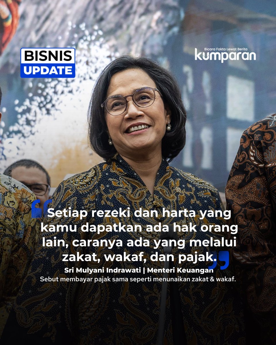 kumparan's tweet image. Sri Mulyani menyebut membayar pajak sama seperti menunaikan zakat dan wakaf, karena manfaatnya mengalir ke yang membutuhkan lewat bansos, layanan kesehatan, subsidi pendidikan, dan dukungan UMKM. #bisnisupdate #update #bisnis #quote kum.pr/fnpi38vqt7
