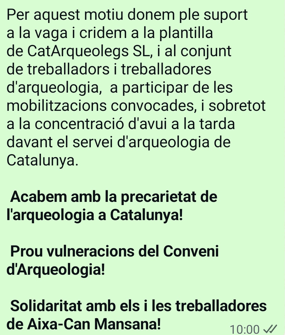 Comunicat de la Secció Sindical de <a href="/CGTCatalunya/">CGT Catalunya 🚩🏴</a> a l'empresa CatArqueòlegs SL(<a href="/ArqueoCGT/">Arqueologia CGT</a> ) de suport i solidaritat amb la vaga convocada per la Secció Sindical de <a href="/CNTCatalunya/">CNT Catalunya-Balears</a> a l'empresa d'arqueologia #Aixa-#CanMansana (<a href="/AixaCNT/">CNT Arqueologia Aixa - Can Mansana</a>)