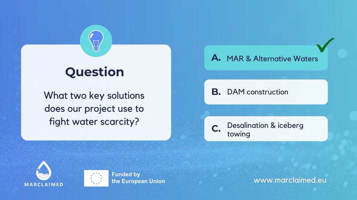 🙏Thank you to everyone who participated in our #SummerQuiz! 

☑ The correct answer was A) Managed Aquifer Recharge (MAR) &amp; Alternative Water Resources (AWR)

We integrate MAR with AWR to fight #waterscarcity. Learn how: marclaimed.eu

#WaterScarcity #Drought #MAR