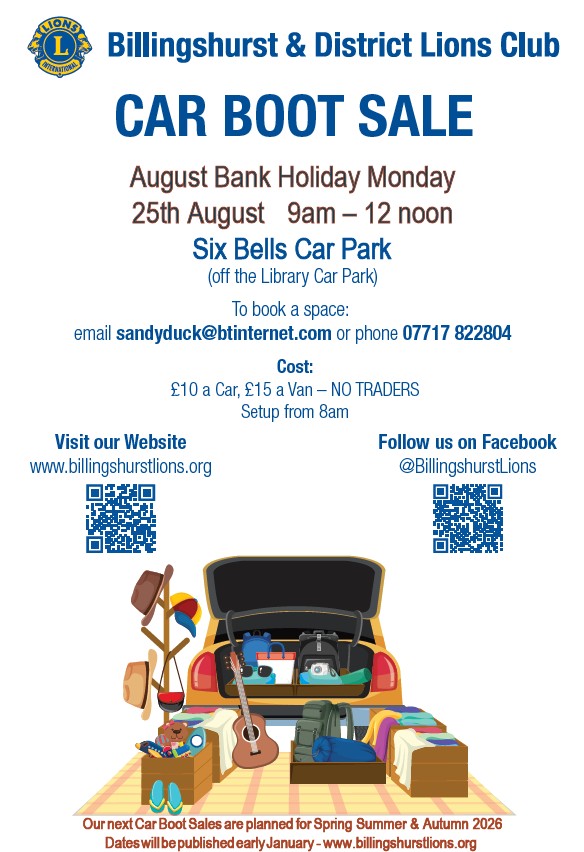 BillingshurstPC's tweet photo. You don't need to travel too far to get a place at or visit a Car Boot Sale, the excellent Billingshurst &amp; District Lions Club are holding one at the Six Bells section of the Library Car Park on Bank Holiday Monday 25th August. Full details of how to book a place are below🚗 https://t.co/ZWNJc5rYMd