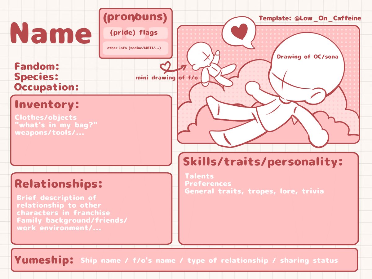 Low_On_Caffeine's tweet image. #yumetwt OC/sona-centered template
Needed a sheet for personal use &amp;amp; turned it into a template
-
Example/inspiration in 2nd pic, more color versions below ⤵️
-
Free to use/adjust to your needs, just keep the watermark