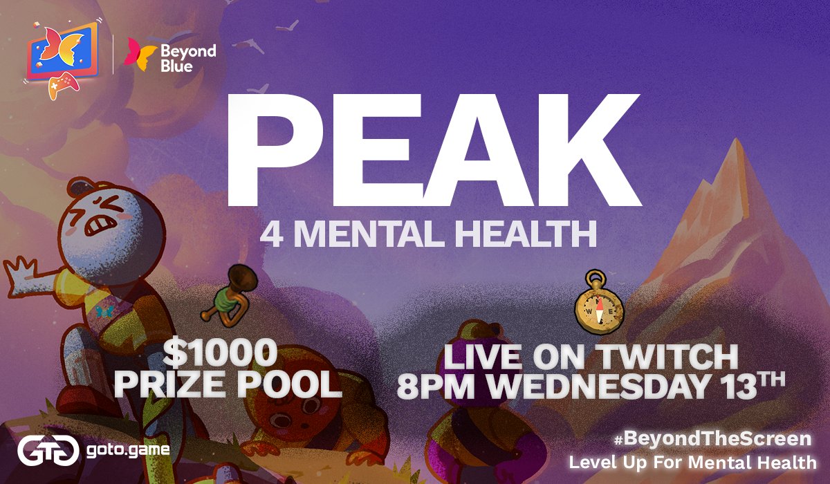 Tonight I'm teaming up w/ <a href="/CAMOMO_10/">CAMOMO_10</a>, <a href="/MemeioYT/">Memeio</a>, &amp; <a href="/AceCreatorsMGMT/">Ace Creators 🍥</a> in the PEAK 4 Mental Health Gaming Tournament for <a href="/beyondblue/">Beyond Blue</a>!

We start our trek at 8pm AEST &amp; you can donate to sabotage other teams 😈

Link to watch &amp; donate in replies!
#Peak4MentalHealth #beyondthescreen