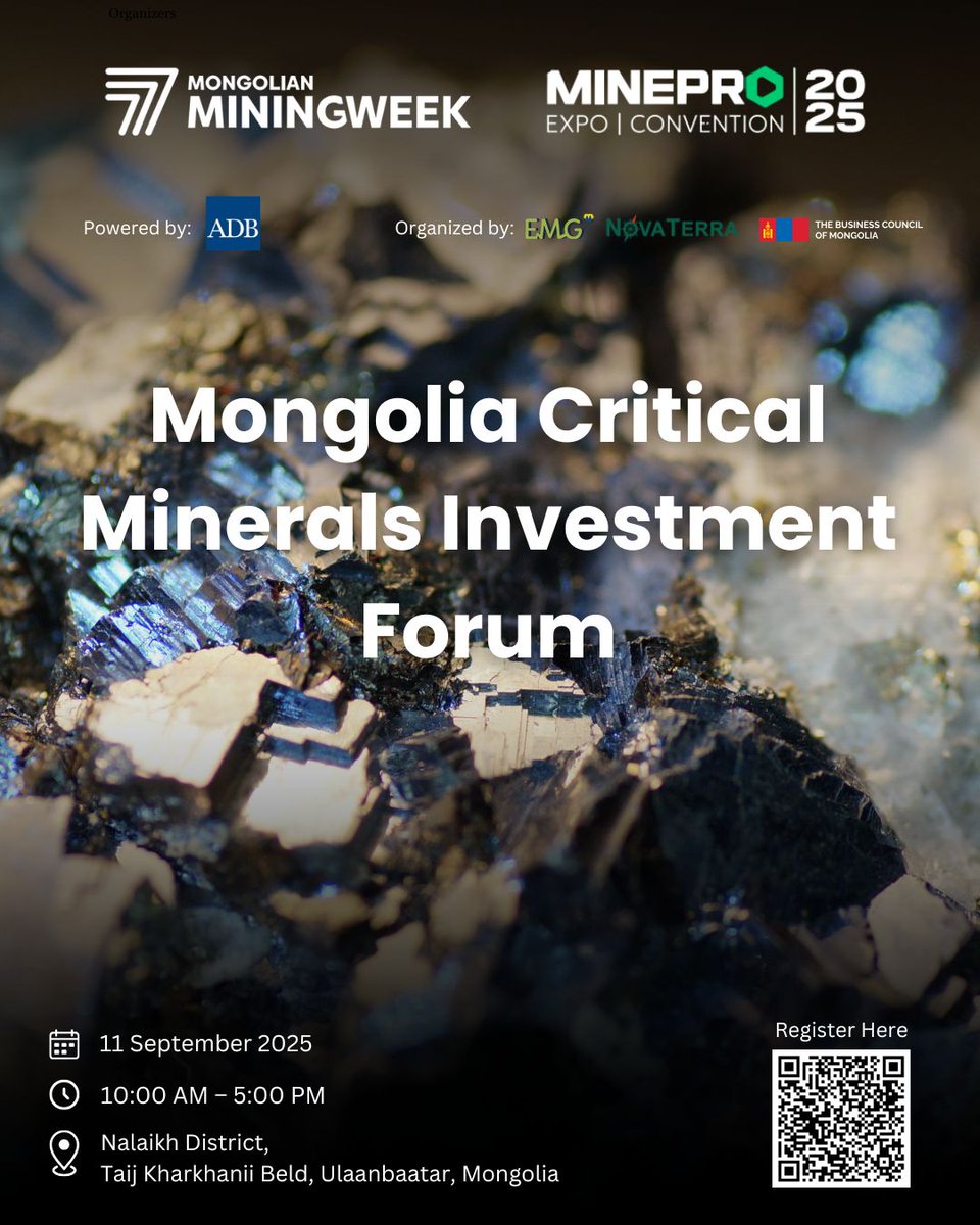 The Business Council of Mongolia, in collaboration with NovaTerra and Energy Markets Group, and with the support of the Asian Development Bank , is pleased to invite you to the Mongolia Critical Minerals Investment Forum, a landmark event taking place during Mongolia Mining Week.