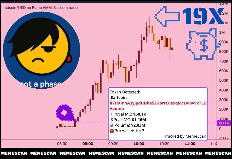 memescan_alpha's tweet photo. #ALTCOIN LEAPED LIKE IT WAS 2021 ALL OVER AGAIN💪💸

🟣$altcoin spotted at $60.1K MC.
🟣Climbed to $1.16M in just over an hour = 19X.
🟣$2.03M volume, 7 pros inside.

Moved with the kind of aggression only altseason brings.

BYHXmnA3yjpdUDha52UprrC6a9qMcLvibv9kTLZVpump https://t.co/tcMCpLm1AZ