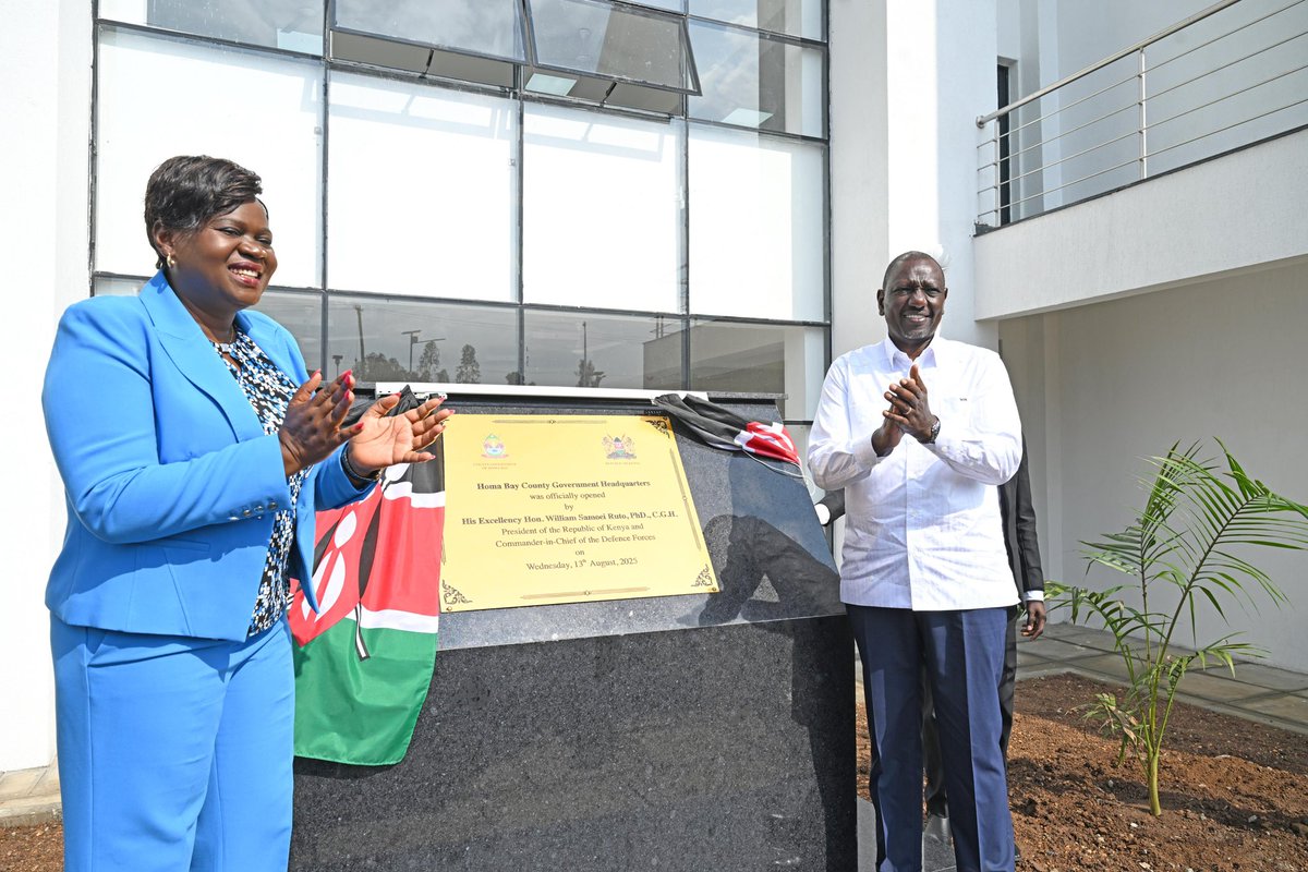 WilliamsRuto's tweet photo. We applaud Governor Gladys Wanga for being innovative in striking a partnership that has delivered the County Government of Homa Bay Headquarters.

This world-class facility signals our focus to ensuring Counties remain effective and efficient in working for wananchi.

Officially opened the Homa Bay County Government Headquarters. 

Later at the Homa Bay County Arboretum, opened the Ugatuzi Amphitheatre.