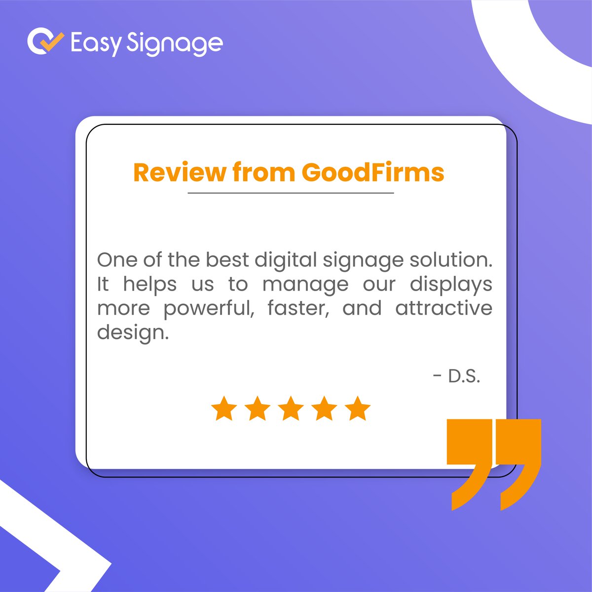 ezysignage's tweet photo. Customer Love Spotlight
Thank you, D.S., for sharing your experience! We’re happy to help bring your screens to life. 

#digitalsignage #customerreview #easysignage #happycustomer #DisplayManagement #screendesign https://t.co/vEPFF6DfDx