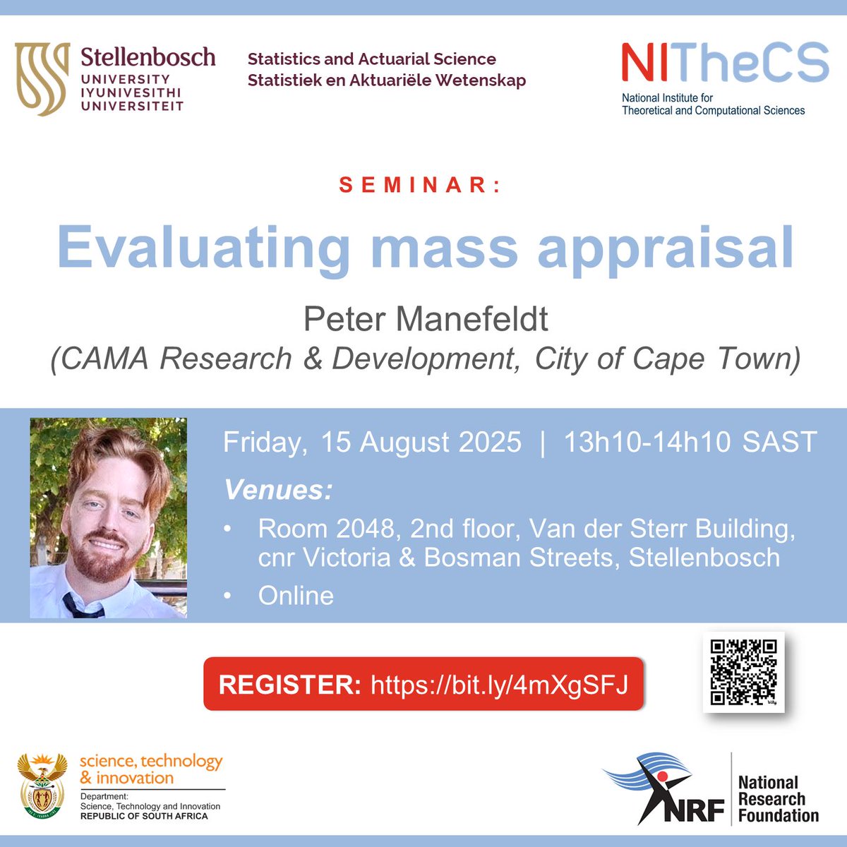 NITheCS's tweet image. NITheCS &amp;amp; SU Department of Statistics &amp;amp; Actuarial Science Seminar: 'Evaluating mass appraisal’ - Peter Manefeldt (CAMA Research &amp;amp; Development, City of Cape Town) - Fri, 15 Aug @ 13h10-14h10. Attend in person or online. buff.ly/igQJHkl
#propertyvaluation #massappraisal