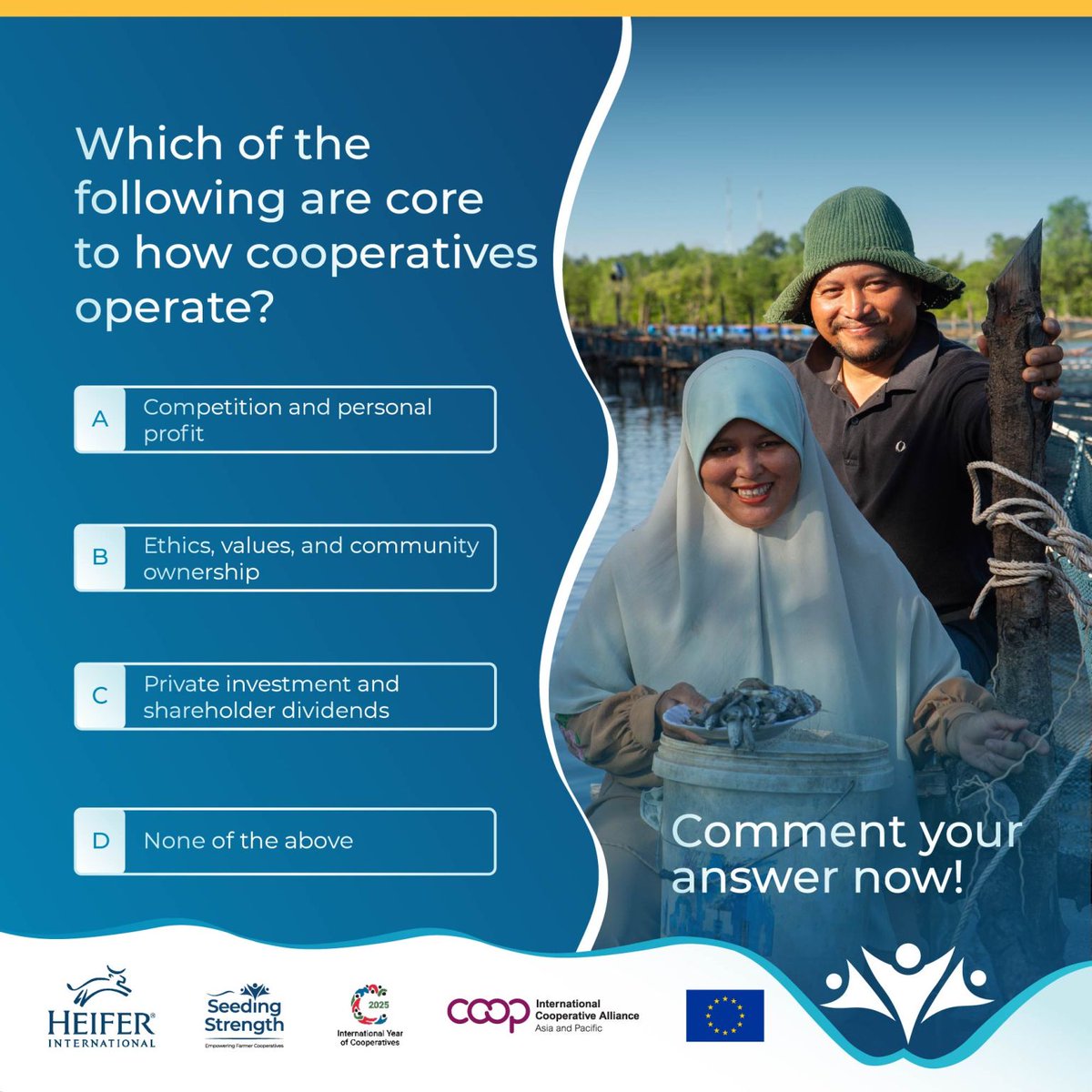 heifer_asia's tweet photo. 🧐 QUIZ TIME!
As part of our #SeedingStrength campaign, we’re spotlighting the power and principles of #FarmerCooperatives — and here’s your chance to test your knowledge!
Q: What core principles guide cooperatives?
A. Competition & personal profit
B. Ethics, values & community ownership
C. Private investment & dividends
D. None of the above
💬 Drop your answers in the comments 👇 and tag a friend to join the fun.
📅 We’ll reveal the correct answer in 3 days!
Let’s see how well you know the values driving rural transformation through farmer cooperatives. 💪🌱
@Heifer @icacoop @ICAAPAC @CGIARnutrition @UN4Coops @Kiripost
#HeiferPowersCoop #IYC2025 #CooperativePrinciples #RuralDevelopment