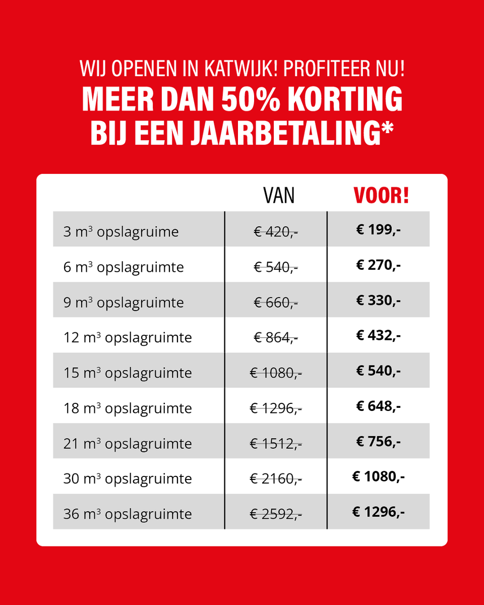 Openingsaanbieding in #katwijk 50% #korting op je #opslagruimte!!! bel 085-4017316 of kijk op ikwilopslagruimtehuren.nl/opslagruimte-h… #opslag #katwijkaanzee #rijnsburg #valkenburg #noordwijk #voorhout