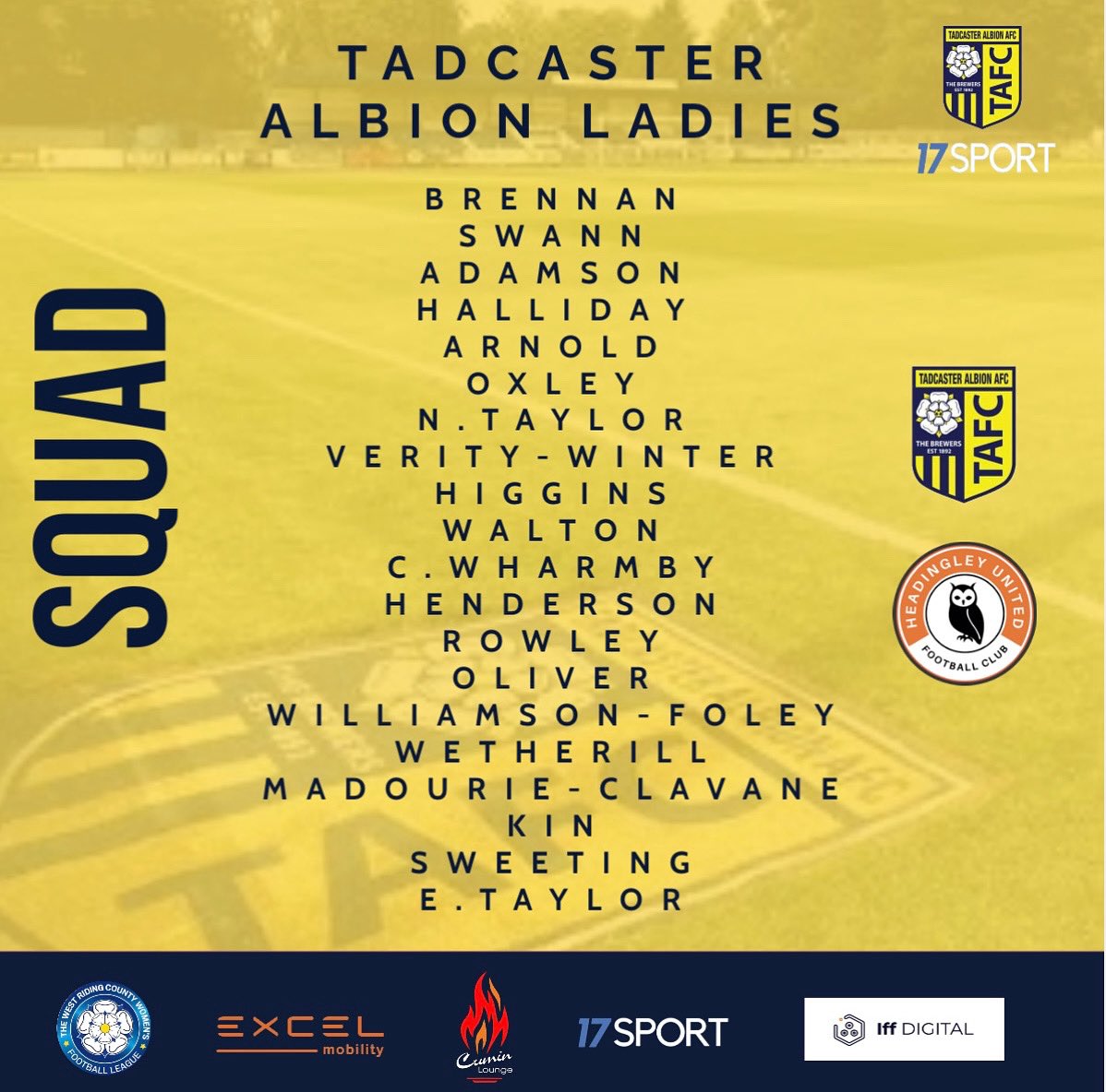🆚 MATCH PREVIEW | 
Our provisional squad for tonight’s game against Headingley Utd (H) has been released. 

Join us for a 19.00 kick off at The Young Guns Arena. 
 
The bar is open 🍷 

Thank you for your support 

#ATAW