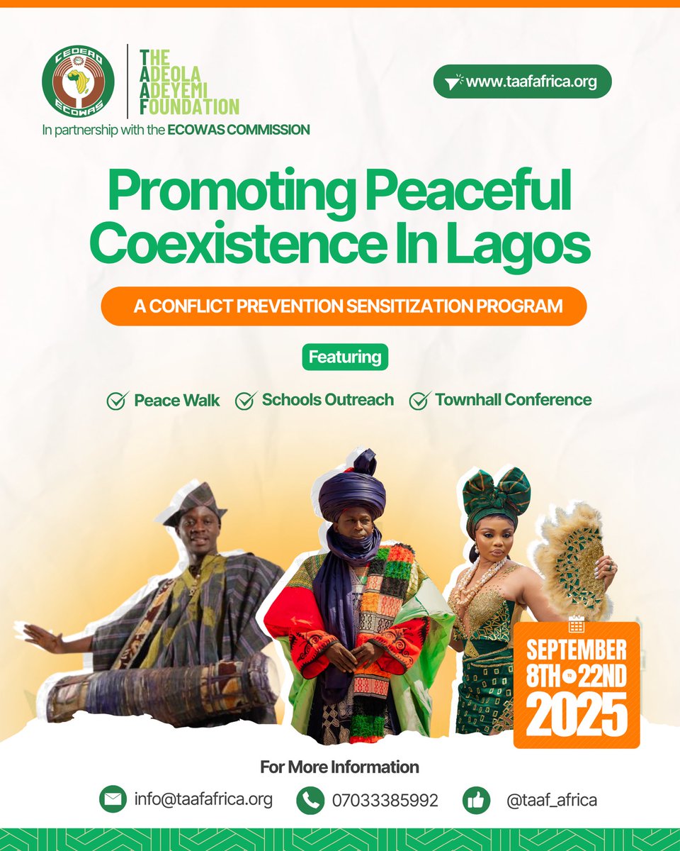 TAAF_AFRICA's tweet photo. Lagos, let’s unite for peace! 🌍💚
From Sept 8–22, join TAAF &amp; ECOWAS for peace walks, school outreach &amp; townhalls. Together, we can build a Lagos of unity &amp; tolerance. Partner, sponsor, or join today!

#TAAFAfrica #PeaceInLagos #UnityInDiversity #TogetherForPeace https://t.co/3bm6EJAau5