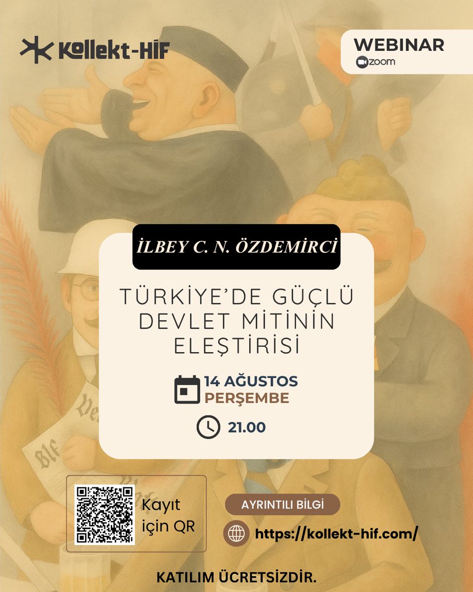 Kollekt_Hif's tweet photo. Türkiye’de devlet, hem gündelik hayatta hem de akademik yazında, kudretli olmakla özdeş tutulan bir varlık olarak tasavvur edilir. Yüceltilir, kutsallaştırılır ve çoğu zaman “baba” metaforu etrafında düşünülür.

Peki bu güçlü devlet algısı nasıl yerleşti?
Hangi tarihsel, toplumsal ve kültürel koşullar bu düşünceyi besledi? 
Ve en önemlisi, bu varsayımı sorgulamak mümkün mü?

Moderatörlüğünü Eren Yılmaz'ın üstlendiği webinarda İlbey C. N. Özdemirci ile birlikte, modern Türkiye’de güçlü devlet mitinin kökenlerine iniyor, bu yaygın kanının açmazlarını tartışıyoruz.
@ilbeycnzdemirci @aurayoksa