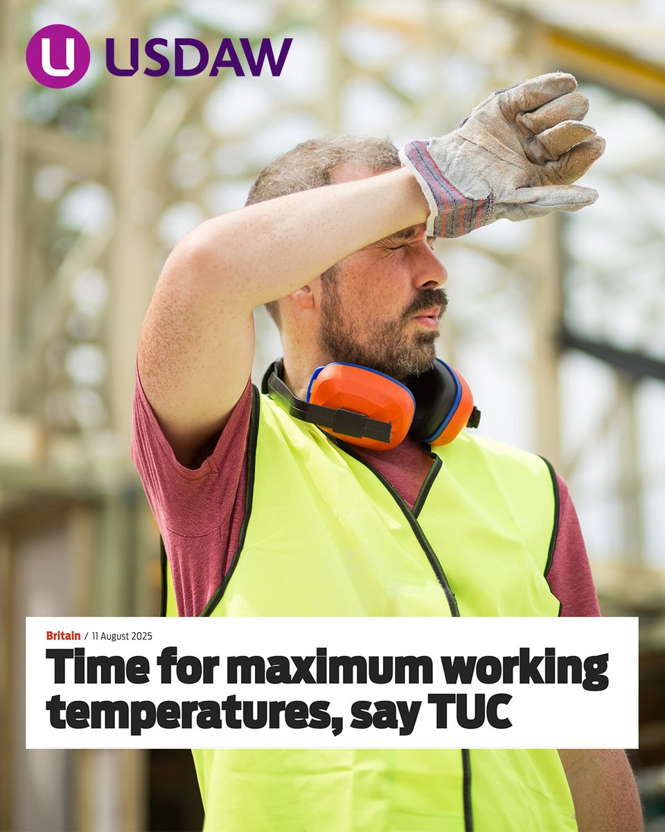 UsdawUnion (@usdawunion) on Twitter photo With temperatures set to reach over 30 degrees (🥵) this week, we believe that a maximum working temperature should be introduced to protect staff across the UK 🌡️
Sign <a href="/The_TUC/">Trades Union Congress</a> petition here
✍️ bit.ly/4mC6Rx8
Advice and guidance
☀️ bit.ly/3Uq2idy With temperatures set to reach over 30 degrees (🥵) this week, we believe that a maximum working temperature should be introduced to protect staff across the UK 🌡️
Sign <a href="/The_TUC/">Trades Union Congress</a> petition here
✍️ bit.ly/4mC6Rx8
Advice and guidance
☀️ bit.ly/3Uq2idy