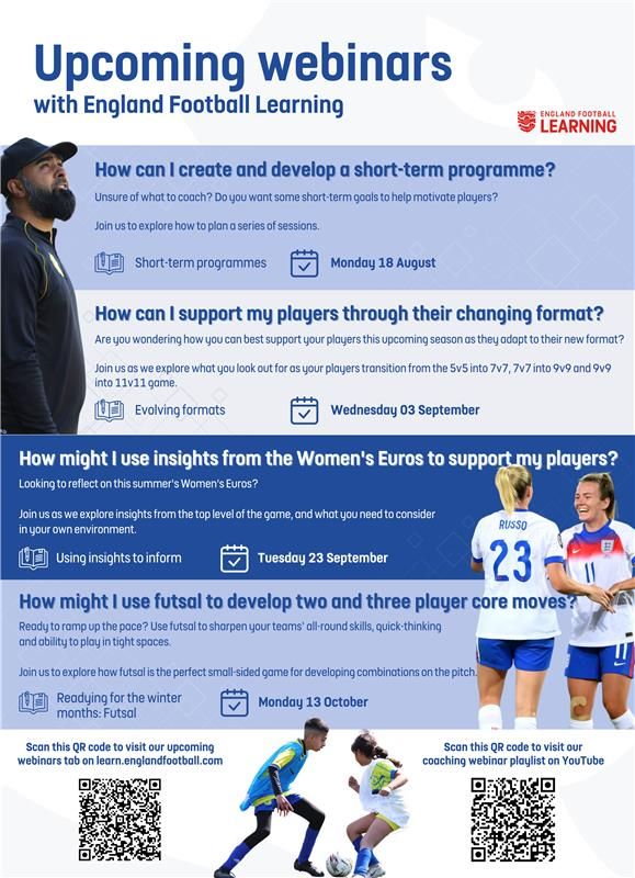 𝗪𝗲𝗯𝗶𝗻𝗮𝗿 | The first of four England Football Learning webinars for coaches will be taking place on Monday 18 August, focusing on creating and developing a short-term programme.

Coaches can register to attend via bit.ly/4m83xKB