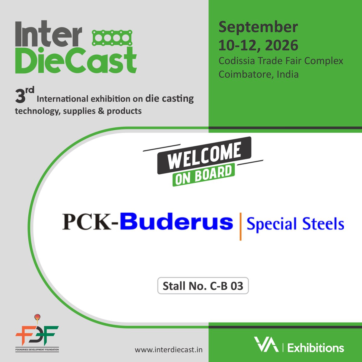 interdiecast's tweet image. PCK Buderus - Market leaders in hot die steels, forging applications, and mould steels, now at Inter DieCast 2026!
📍Visit them at Stall No. C-B 03. #ExhibitWithUs
🔗 Exhibitor Inquiry: interdiecast.in/exhibitor-enqu…
📩 ja@vaexhibitions.com | 📞 +91 88016 02258
#InterDieCast #PCKBuderus