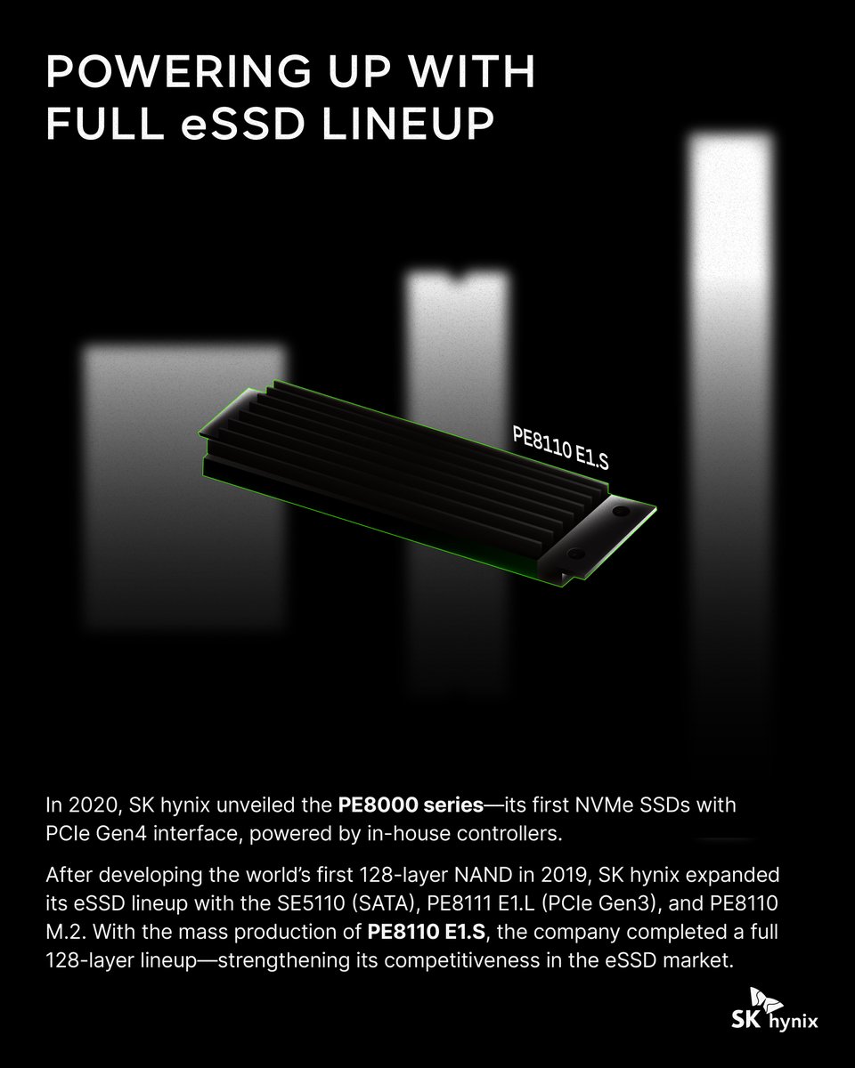 SKhynix's tweet photo. From a single eSSD to a full-stack lineup. @SKhynix’s journey in enterprise SSDs (#eSSD) is just getting started. Discover how we built it—layer by layer!
#SKhynix #enterpriseSSD #Storage #4DNAND https://t.co/4vZocb7sLr