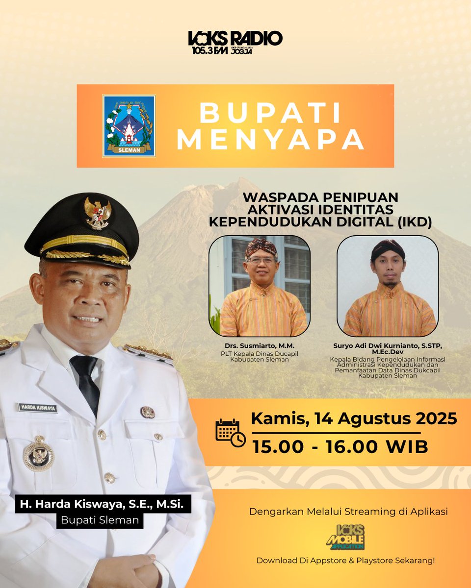 Sobatvoks, dengarkan Talkshow Bupati Menyapa dengan tema"Waspadai Penipuan Aktivasi Identitas Kependudukan Digital (IKD)"

<a href="/HumasSleman/">Humas #Sleman</a> <a href="/DukcapilSleman/">Disdukcapil Kab. Sleman</a> #BupatiMenyapa #Sleman #GenerasiEmas #LOKSRadio #Pendidikan #Sosial #SlemanHebat