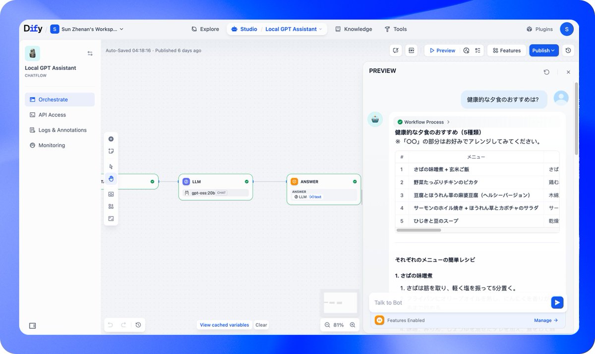 皆様、お盆休みいかがお過ごしでしょうか？

今月初めにOpenAIが発表した「gpt-oss-120b」と「gpt-oss-20b」という2つの高性能オープンソース言語モデルが、Dify上でOllamaを通じて利用できるようになりました！