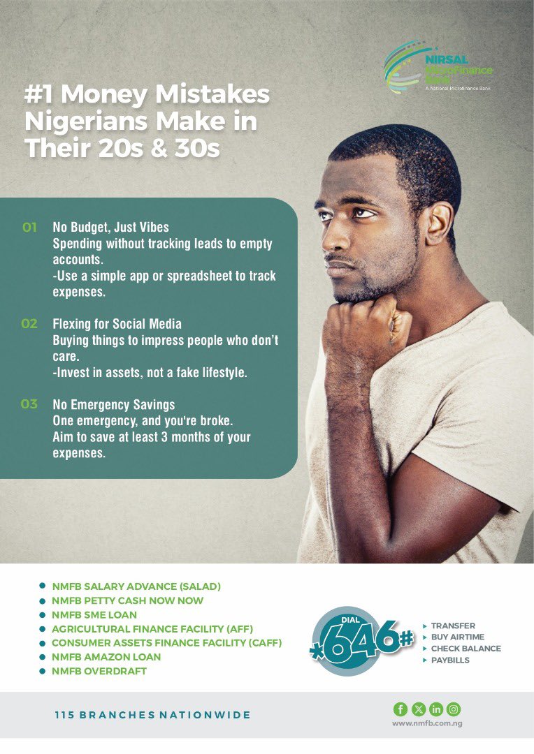 NirsalMFB's tweet photo. From ‘No Budget, Just Vibes’ to relying solely on a salary — these are the financial traps young Nigerians fall into.
Start investing, save for emergencies, and build multiple income streams.
#financialwednesday #nmfbcares #easilyaccessible https://t.co/RdcJtN33Y3