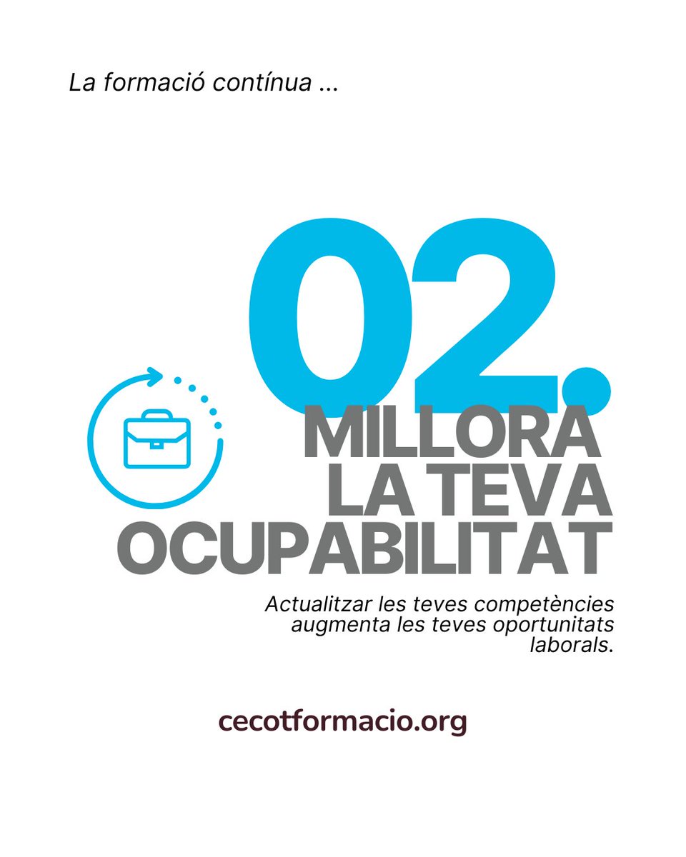 Cecot Formació (@cecotformacio) on Twitter photo La formació contínua és una de les millors inversions que pots fer per millorar la teva ocupabilitat.
Cada nou coneixement suma valor al teu perfil professional.
Explora l'oferta formativa que et pot obrir noves portes. 👉 f.mtr.cool/zbknrlwthk La formació contínua és una de les millors inversions que pots fer per millorar la teva ocupabilitat.
Cada nou coneixement suma valor al teu perfil professional.
Explora l'oferta formativa que et pot obrir noves portes. 👉 f.mtr.cool/zbknrlwthk