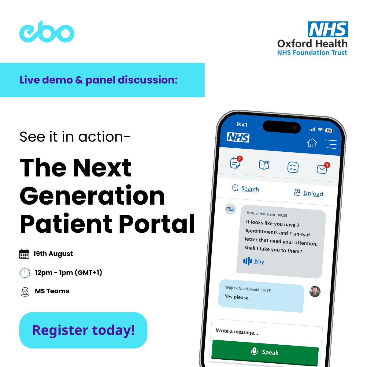 EBO (@ebo_ai) on Twitter photo On 19th August, we’re going live with a front-row look at EBO’s Intelligent Patient Portal, designed for 💙 patients, built for the NHS.
Hear directly from:
🎙 <a href="/OxfordHealthNHS/">Oxford Health NHS FT</a> leaders
🤖 AI specialists from EBO.ai
📲 Register here: content.ebo.ai/patient-portal… On 19th August, we’re going live with a front-row look at EBO’s Intelligent Patient Portal, designed for 💙 patients, built for the NHS.
Hear directly from:
🎙 <a href="/OxfordHealthNHS/">Oxford Health NHS FT</a> leaders
🤖 AI specialists from EBO.ai
📲 Register here: content.ebo.ai/patient-portal…