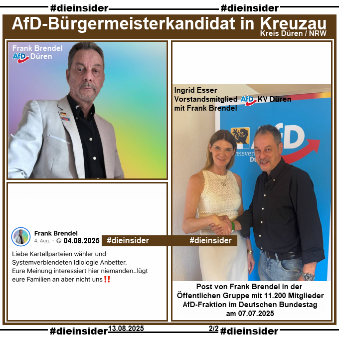 Heute stellen wir euch Frank Brendel, Bürgermeisterkandidat der #AfD in #Kreuzau und anscheinend Fan der Holocaust-Leugnerin Haverbeck vor!

#LautGegenNazis #NiemalsAfD #AfDVerbot 
#Düren #Kommunalwahl
#GemeinsamGegenHass #DieInsider