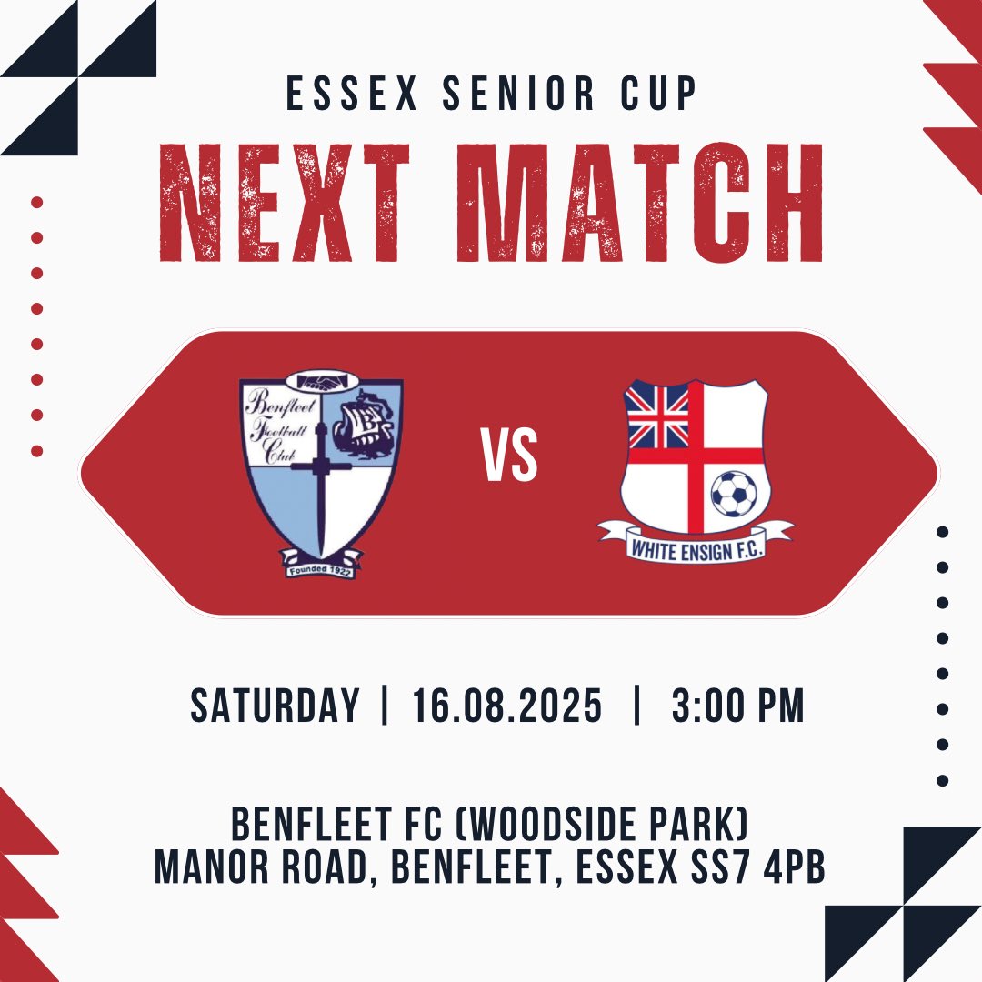 White Ensign FC (@ensignofficial) on Twitter photo β½οΈ NEXT MATCH!! β½οΈ
π <a href="/Benfleet_FC/">Benfleet FC</a>
ποΈ Benfleet FC (Woodside Park)
π Manor Road, Benfleet, Essex SS7 4PB
ποΈ 16/08/25
β°Β 15:00 β½οΈ NEXT MATCH!! β½οΈ
π <a href="/Benfleet_FC/">Benfleet FC</a>
ποΈ Benfleet FC (Woodside Park)
π Manor Road, Benfleet, Essex SS7 4PB
ποΈ 16/08/25
β°Β 15:00