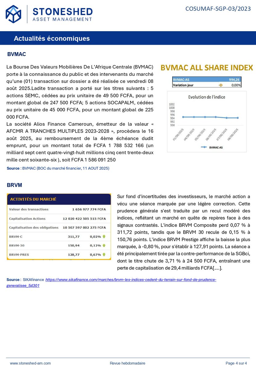 Stoneshedam's tweet photo. 📊🚀Zoom sur les actualités et opportunités qui vont animer notre marché financier cette semaine !

Points clés:
🔹 CEMAC : Mobile money, Joël Bertrand Ndjodo, nommé Country Manager de Wave au Cameroun
🔹 UEMOA : Les indices cèdent du terrain sur fond de prudence généralisée https://t.co/sosNnf2STh