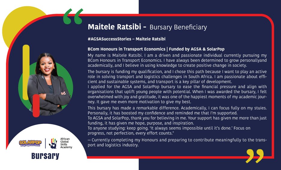 agsa_sa's tweet photo. Meet Maitele Ratsibi, a dedicated and ambitious bursary recipient pursuing a BCom Honours in Transport Economics. Thanks to the AGSA &amp; SolarPop Bursary, Maitele is one step closer to achieving her  dreams. We are excited to see the impact she will make in her field. https://t.co/KbY01G7Beg
