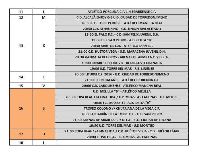 ¡¡Buenos días Futboler@s, vamos con los encuentros de hoy!!

19h
<a href="/UdSanPedro/">UdSanPedro</a> - <a href="/ADCeuta_FC/">AD CEUTA FC</a> "B"
<a href="/Linares_Dptvo/">Linares Deportivo 💙⚒</a> - <a href="/CanteraNazari/">Granada CF Cantera</a> 

19'30h
<a href="/ElPaloFC/">El Palo FC 💙⚽️</a> - <a href="/cd_sanfelix/">Club Deportivo San Félix</a> Juvenil D.H.
<a href="/udtorredelmar71/">U.D. Torre del Mar</a> - <a href="/RBL1912/">Real Balompédica Linense</a> 

20'30h
<a href="/CDTorreperogil/">CD Torreperogil</a> - <a href="/atmanchareal/">Atlético Mancha Real</a> 
<a href="/CD_Alhaurino/">Club Deportivo Alhaurino 🇪🇸</a> - <a href="/CDUMalacitano/">CD Unión Malacitano</a>