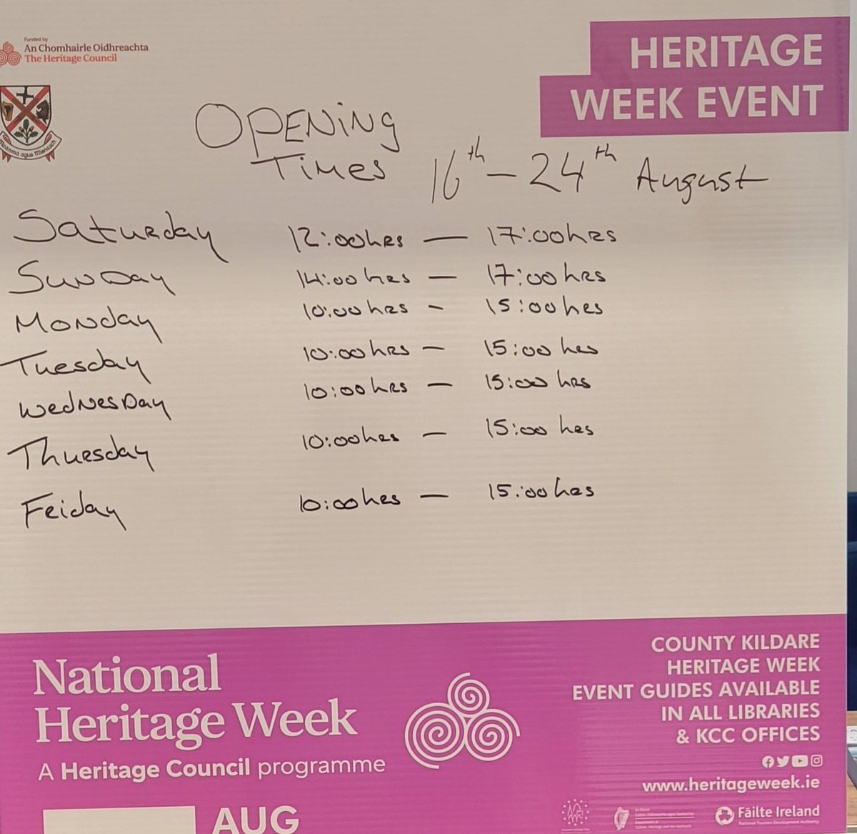 Our opening times for the upcoming heritage week . We looking forward to seeing everyone. #kildare #heritage