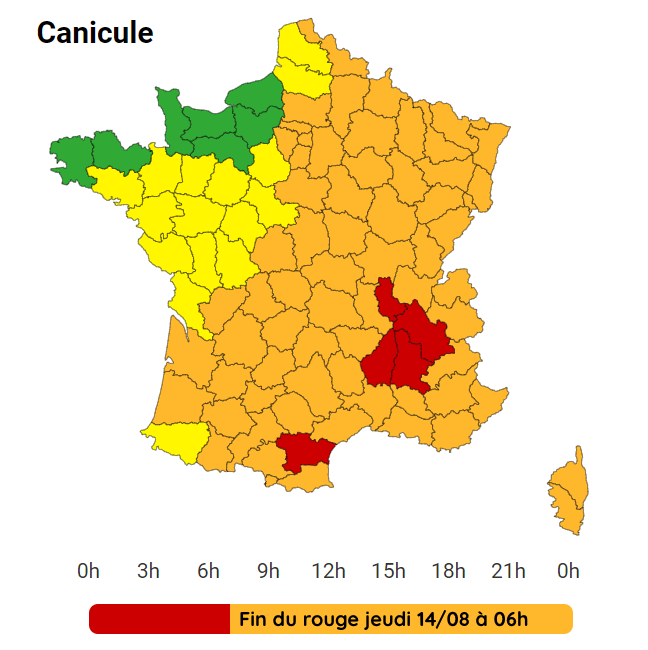 🌡️ La #vigilancerouge canicule prendra fin ce jeudi 14 août 2025 à 06h mais cela ne signifie pas la fin de la #canicule, bien au contraire ! De nombreuses régions resteront en orange et on attend une nouvelle intensification par le sud-ouest dès vendredi.