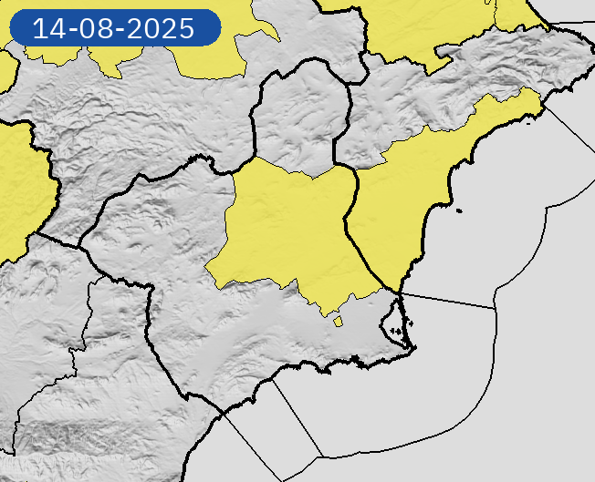 13/08 11:13 Avisos  activos hoy y mañana en Región de Murcia por temperaturas máximas. Nivel máximo de aviso: amarillo.
Actualizaciones en aemet.es/es/eltiempo/pr…