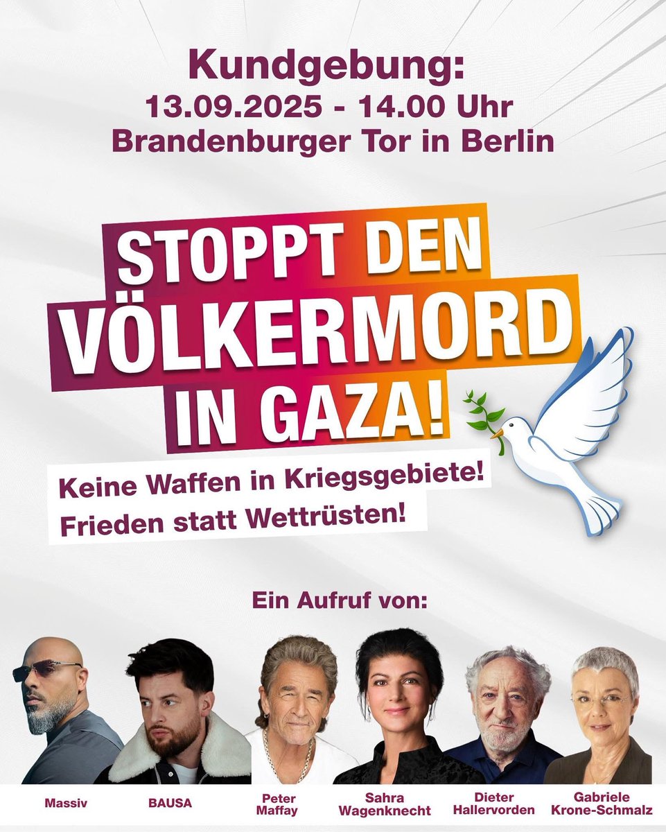 BSW Niedersachsen ruft zur Teilnahme an der Kundgebung am 13. September auf

Gemeinsam mit den Künstlern Massiv, Bausa, Peter Maffay, Dieter Hallervorden, Gabriele Krone-Schmalz und Sahra Wagenknecht unterstützen wir als BSW Niedersachsen den Aufruf zur Kundgebung am 13.
