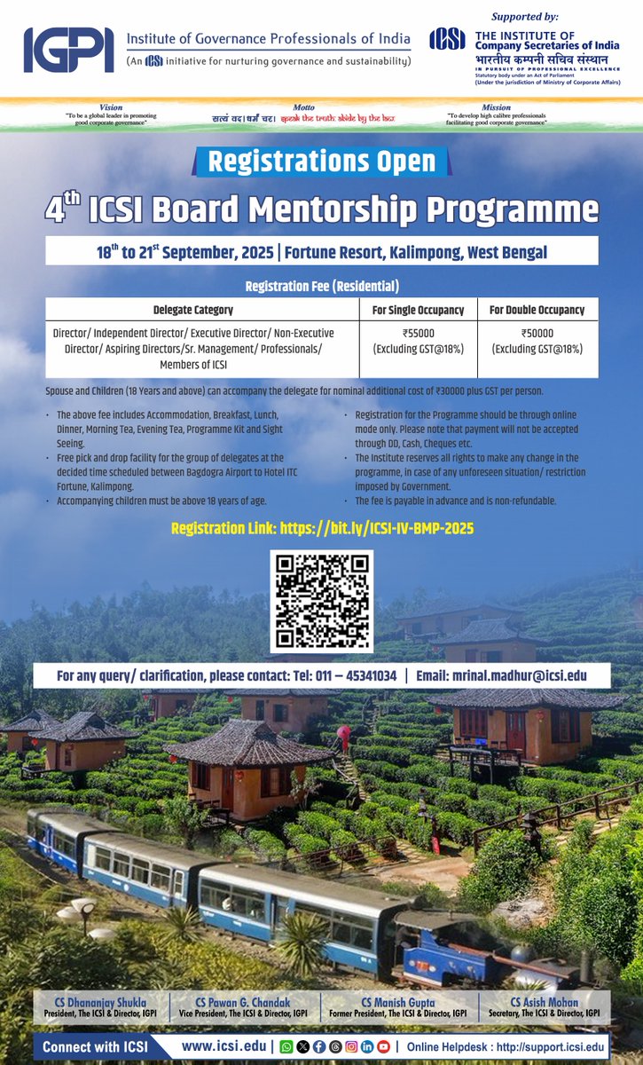 icsi_cs's tweet photo. Register now for 4th #ICSI #Board Mentorship Programme on September 18-21, 2025 in Kalimpong, West Bengal @ https://t.co/41qkezuXA5 #IGPI https://t.co/Q65MyCQMAB